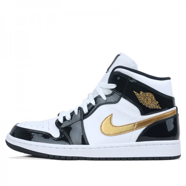 Nike Air Jordan 1 Mid "Patent Black White Gold" Damen/Herren AJ1 Sneakers 852542-007