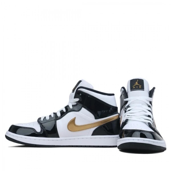 Nike Air Jordan 1 Mid "Patent Black White Gold" Damen/Herren AJ1 Sneakers 852542-007